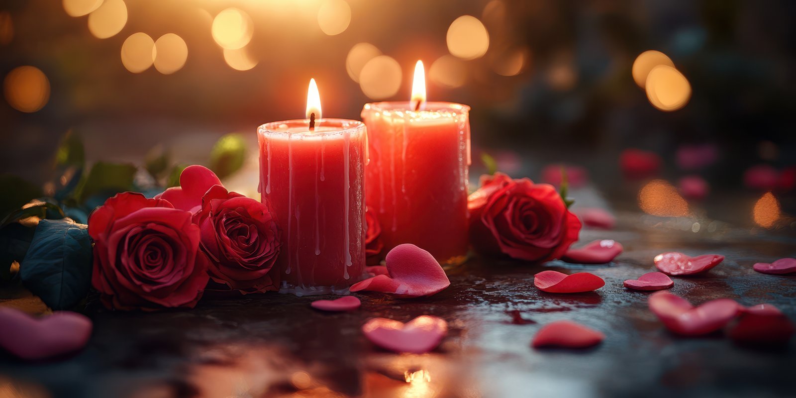 Romantic setting with red candles and roses creating a warm ambiance for a special evening